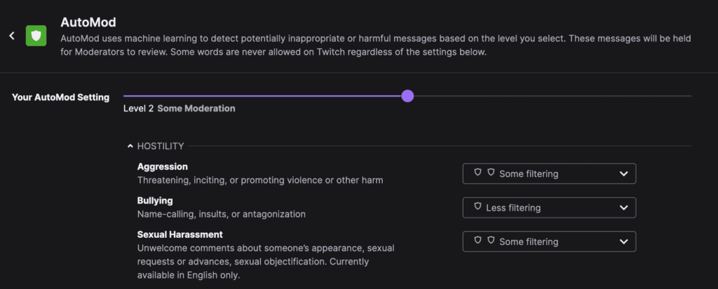 Streamers can customize how strict they want Automod to be regarding potential sexual harassment messages (Image via Twitch)