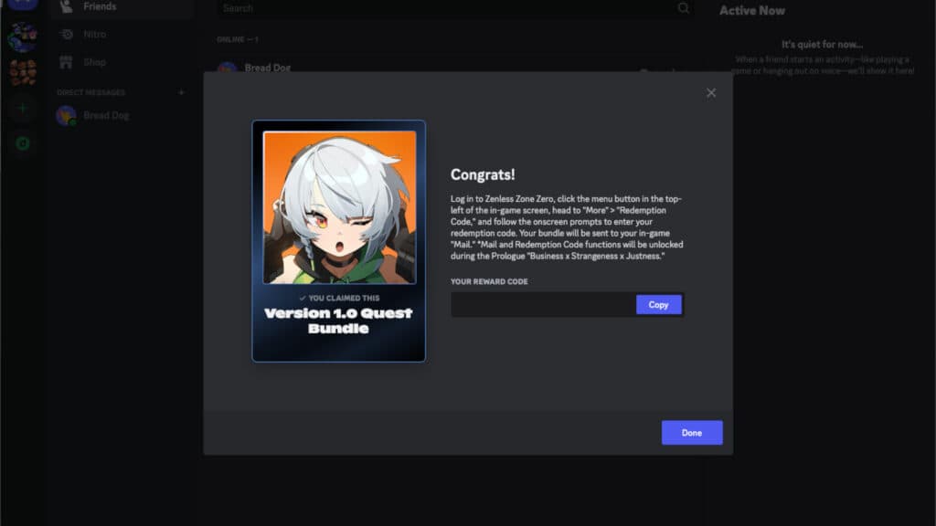 Gift Code award window (Image via Discord)