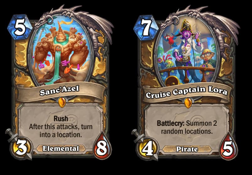 Sanc'Azel and Cruise Captain Lora in the Hearthstone Perils in Paradise expansion (Images via Blizzard Entertainment)