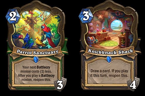 Parrot Sanctuary and Knickknack Shack in Hearthstone (Images via Blizzard Entertainment)