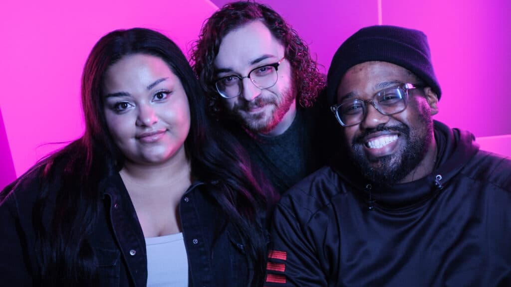 Podcast hosts Leah President, Nicholas Friedman, and LeAlec Murray (Image via Crunchyroll)