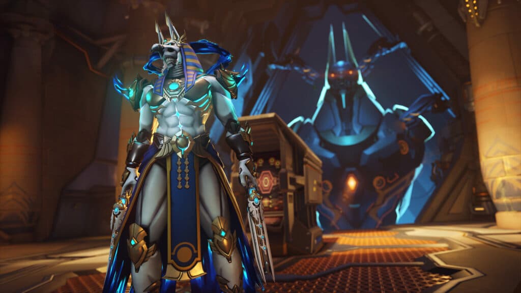 As with other mythics, Anubis Reaper will have multiple different colorways, including this ominous blue/gray version (Image via Blizzard Entertainment)