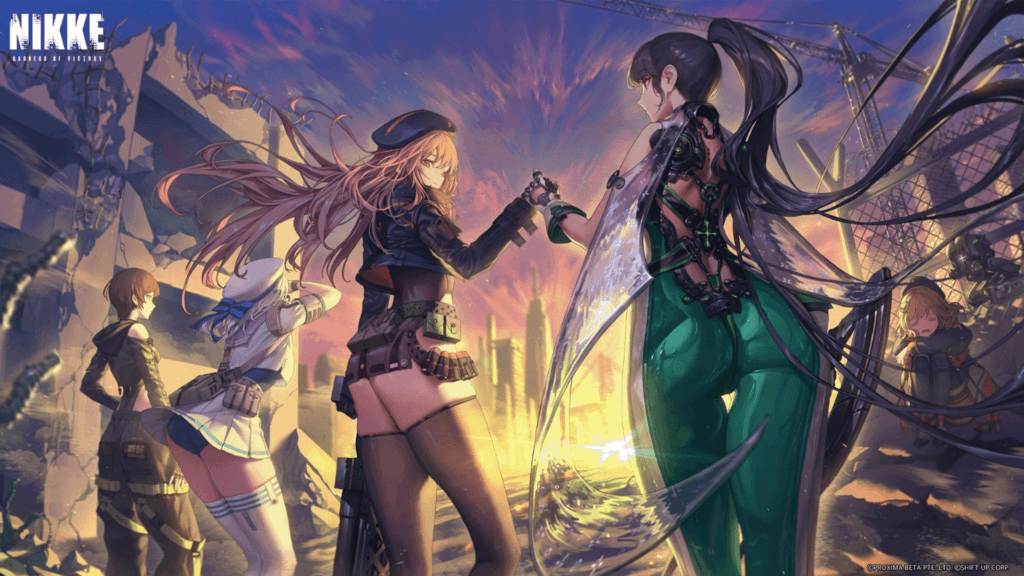 Crossover illustration showing Rapi from Goddess of Victory: NIKKE and EVE from Stellar Blade