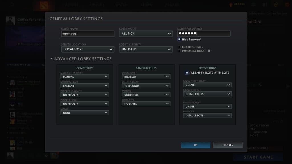 Dota 2 lobby settings (Image via esports.gg)