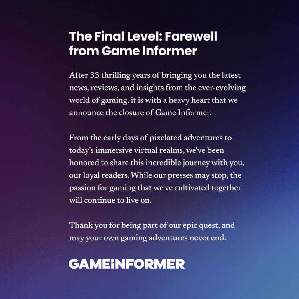 Game Informer's farewell message (Image via Game Informer)