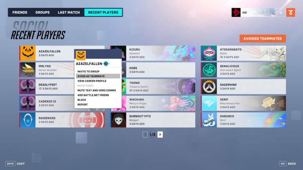 Screenshot showing you how to avoid players in Overwatch 2 (Image via esports.gg)