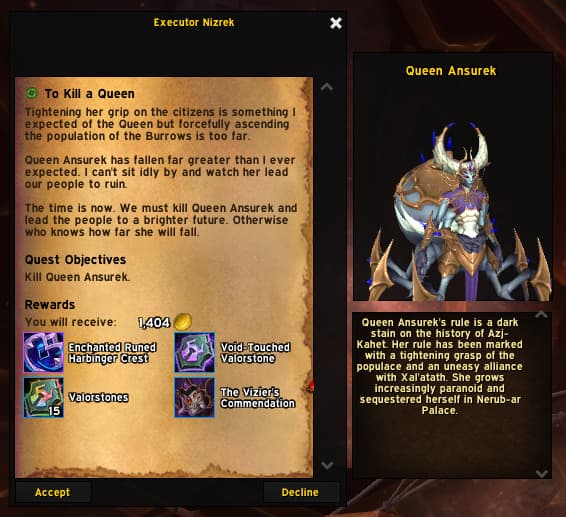 To Kill a Queen quest dialogue box (Screenshot via esports.gg)