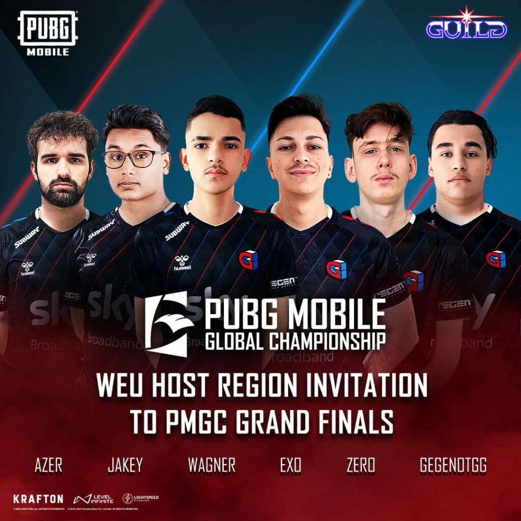 Guild Esports official roster for the 2024 PMSL EMEA Fall & 2024 PMGC (image via @PUBGMOBILE_EU)