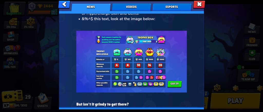 Levels of Trophy Boxes and rewards in them (image via esports.gg)