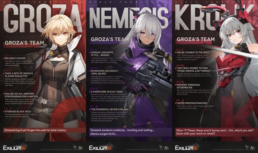 Girls' Frontline 2: Exilium characters — Groza, Nemesis, Krolik (Image via GFL2EXILIUM_EN)