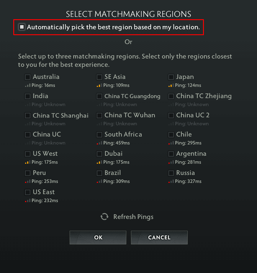 The automatic selection of a Dota server should remain on at all times. (Screenshot by esports.gg)
