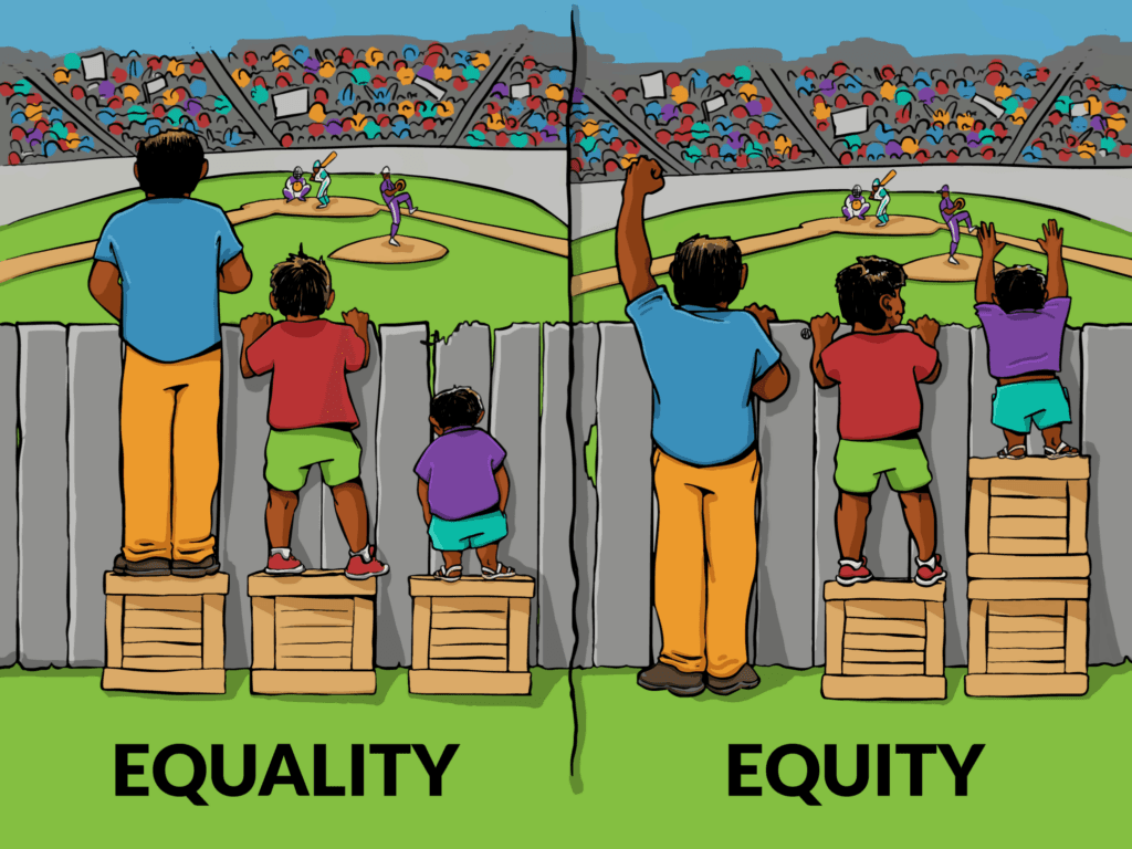 Equality versus equity (Image via <a href="http://interactioninstitute.org">Interaction Institute for Social Change</a> | Artist: <a href="http://madewithangus.com">Angus Maguire</a>)