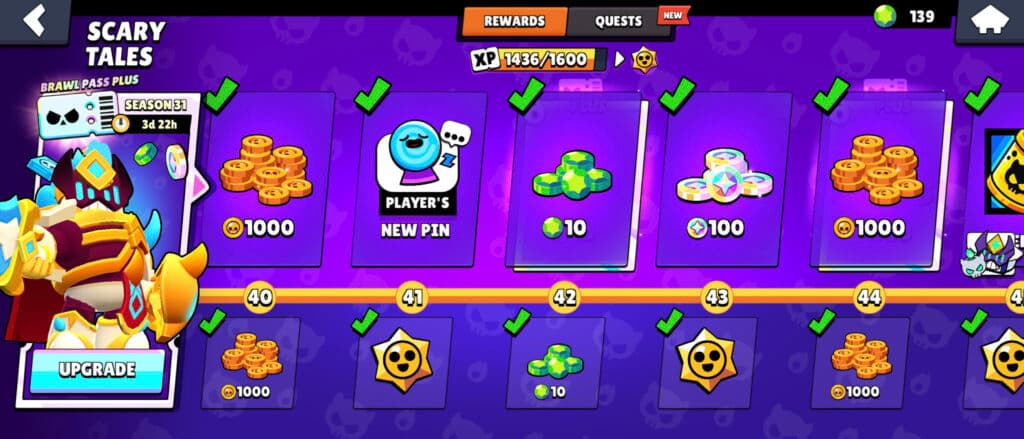 Gems and other rewards in Brawl Pass (image via esports.gg)