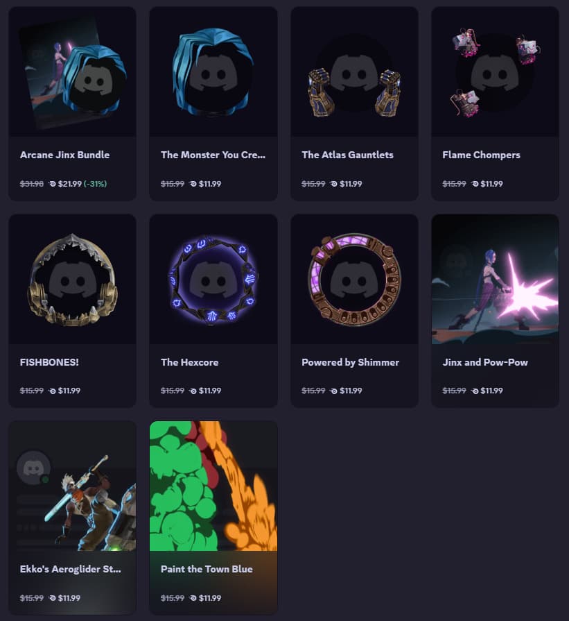 Discord x Arcane collab shop items (Screenshot via esports.gg)