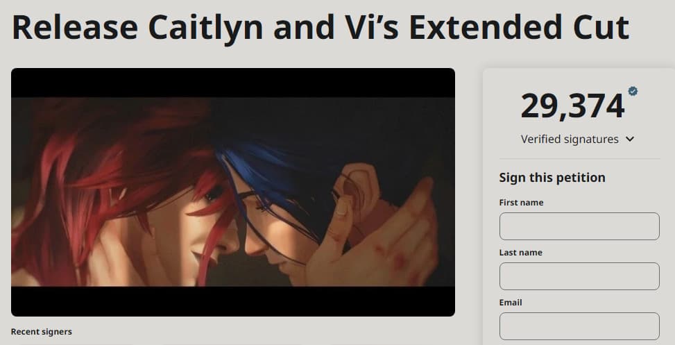 The CaitVi extended cut petition (Screenshot by esports.gg via Change.org)
