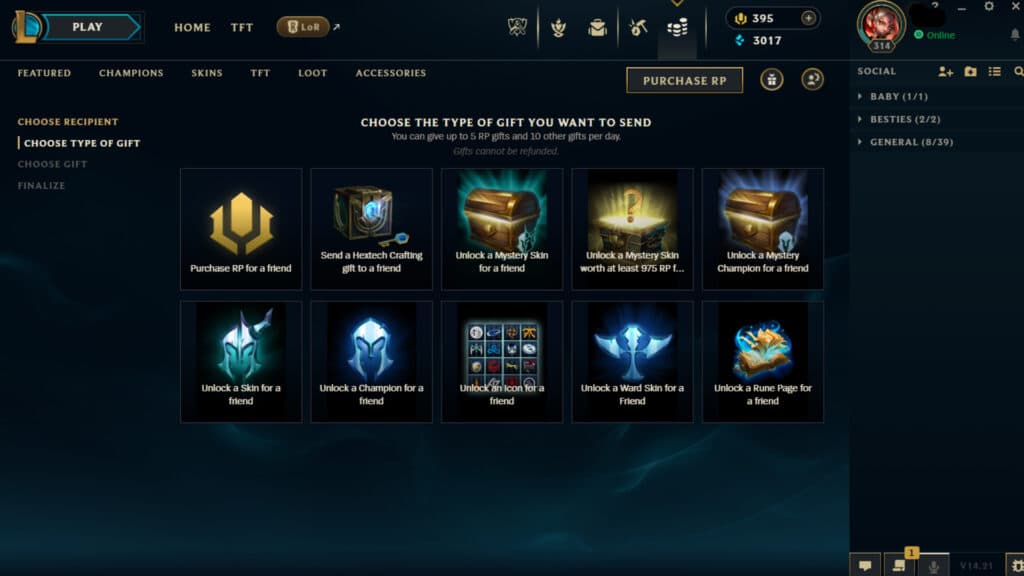 League of Legends' gifting page (Image via esports.gg)