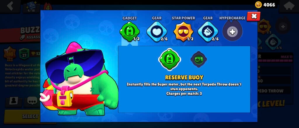 An example of a Brawl Stars build: for Buzz (image via esports.gg)