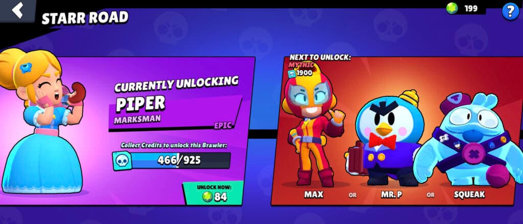 Unlocking Piper and selecting the next Mythic brawler (image via esports.gg)
