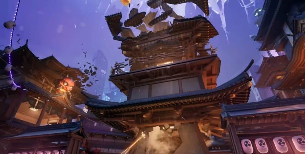 Destructing a building in Tokyo 2099: Warped Ninomaru (Image via NetEase Games)