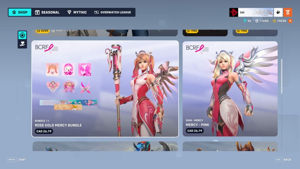 Rose Gold Mercy Bundle and Pink Mercy skin screenshot (Image via esports.gg)