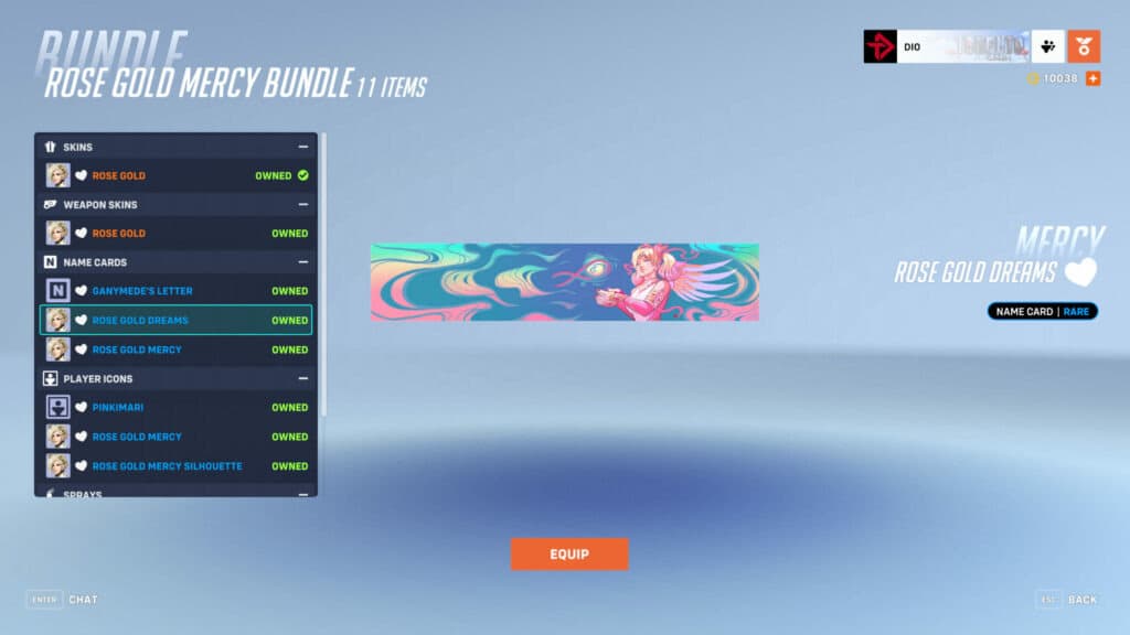 Screenshot for the Overwatch 2 Rose Gold Mercy name card (Image via esports.gg)