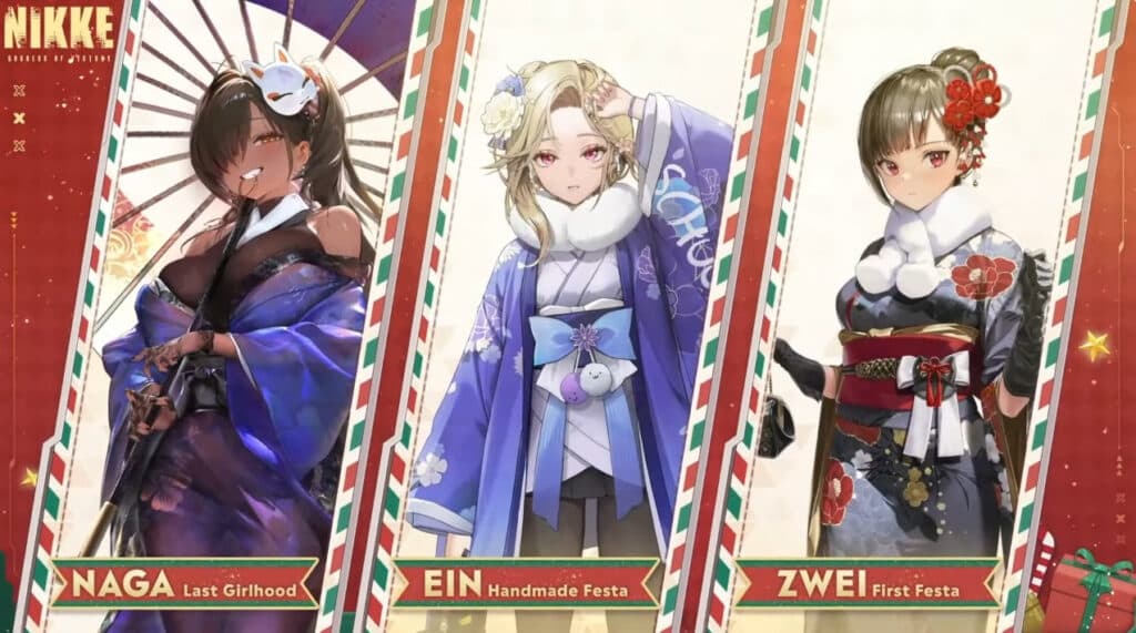Naga, Ein, and Zwei will get new Japanese-inspired New Year costumes (Image via GODDESS OF VICTORY: NIKKE)