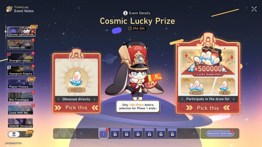 The Cosmic Lucky Prize lottery event in Honkai Star Rail (Screenshot via esports.gg)