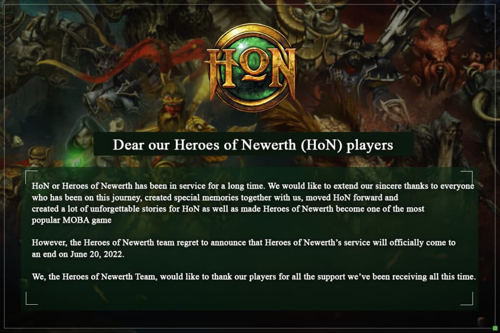 HoN server shutdown (Image via <a href="https://heroesofnewerth.com/">Heroes of Newerth</a>)
