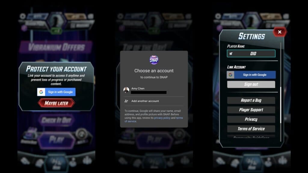 Screenshots of how to link your Marvel Snap account on mobile (Image via esports.gg)