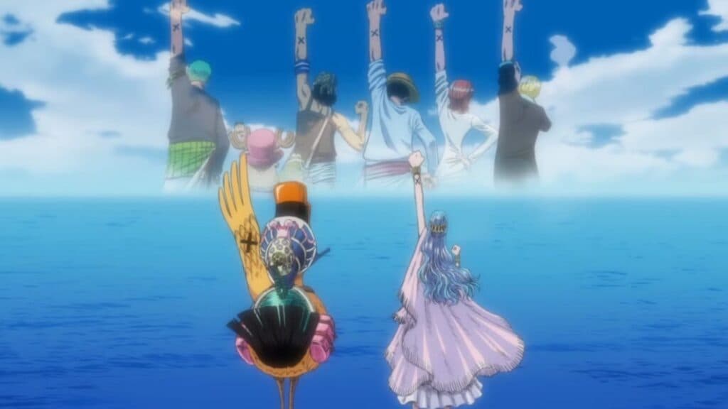 Zoro, Chopper, Usopp, Luffy, Nami, Sanji, Karoo, and Vivi from One Piece (Image via Toei Animation)