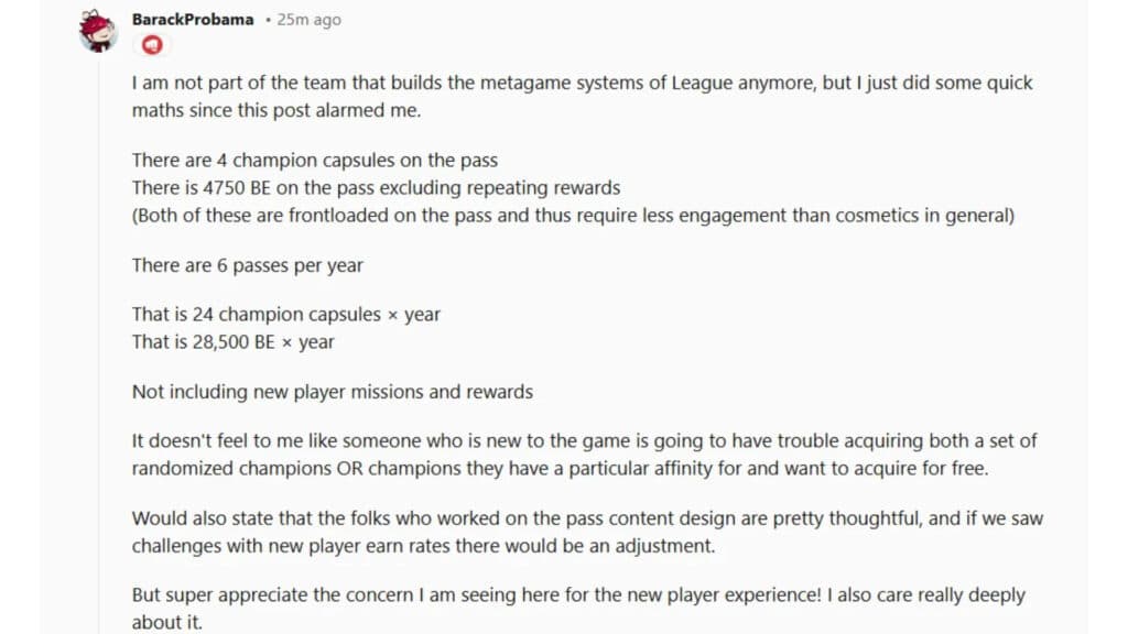 BarackProbama answer to the blue essence problem on Reddit (Image via Reddit)