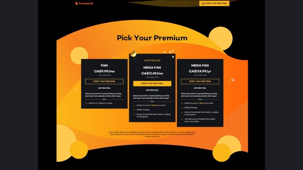 Screenshot of the different Crunchyroll Premium offerings (Image via esports.gg)