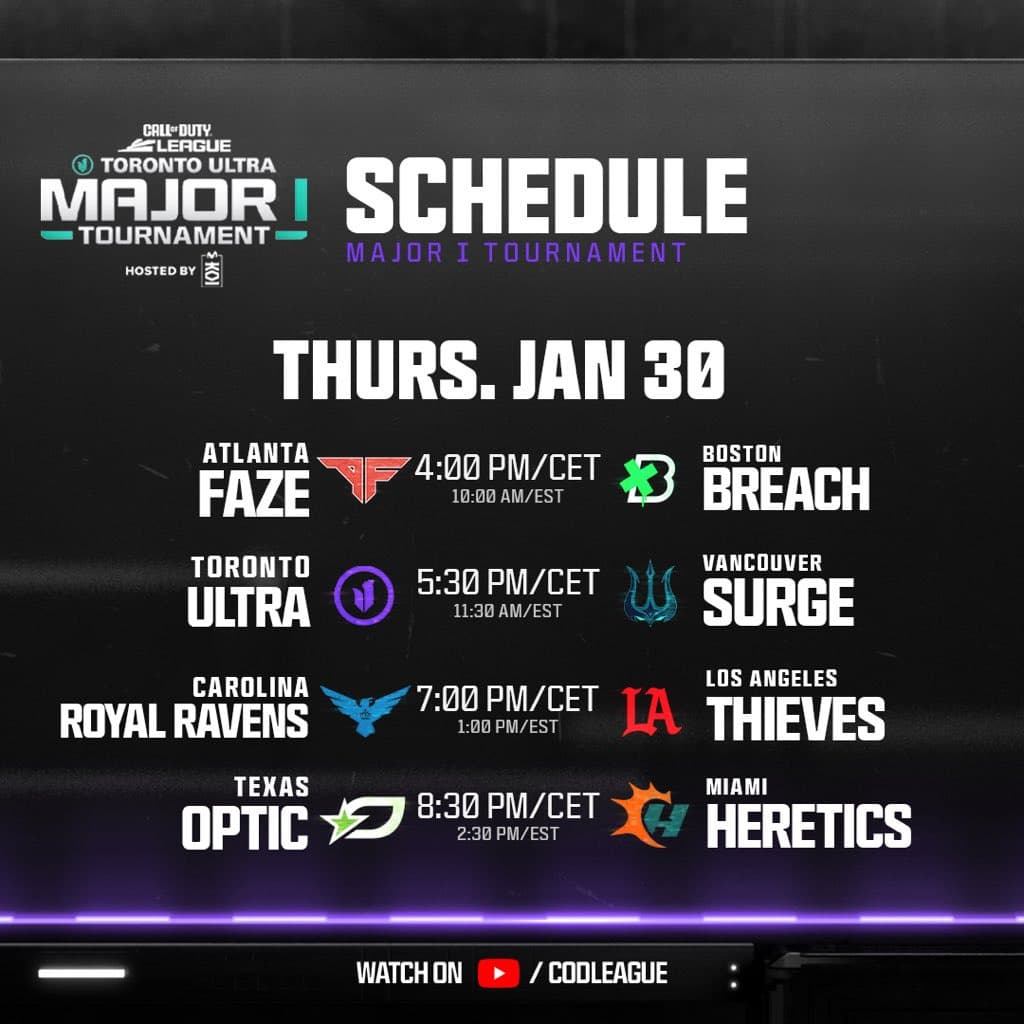 CDL Major 1 Thursday Schedule (Image via CODLeague)