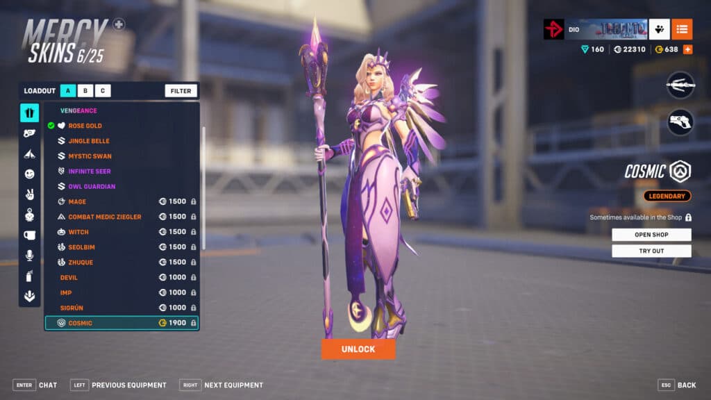 Cosmic Mercy skin screenshot in the hero gallery (Image via esports.gg)