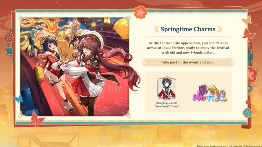 Springtime Charms rewards and Xiangling free outfit (Image via HoYoverse)