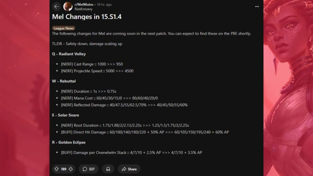 Mel changes in LoL patch 25.S1.4 screenshot (Image via esports.gg)