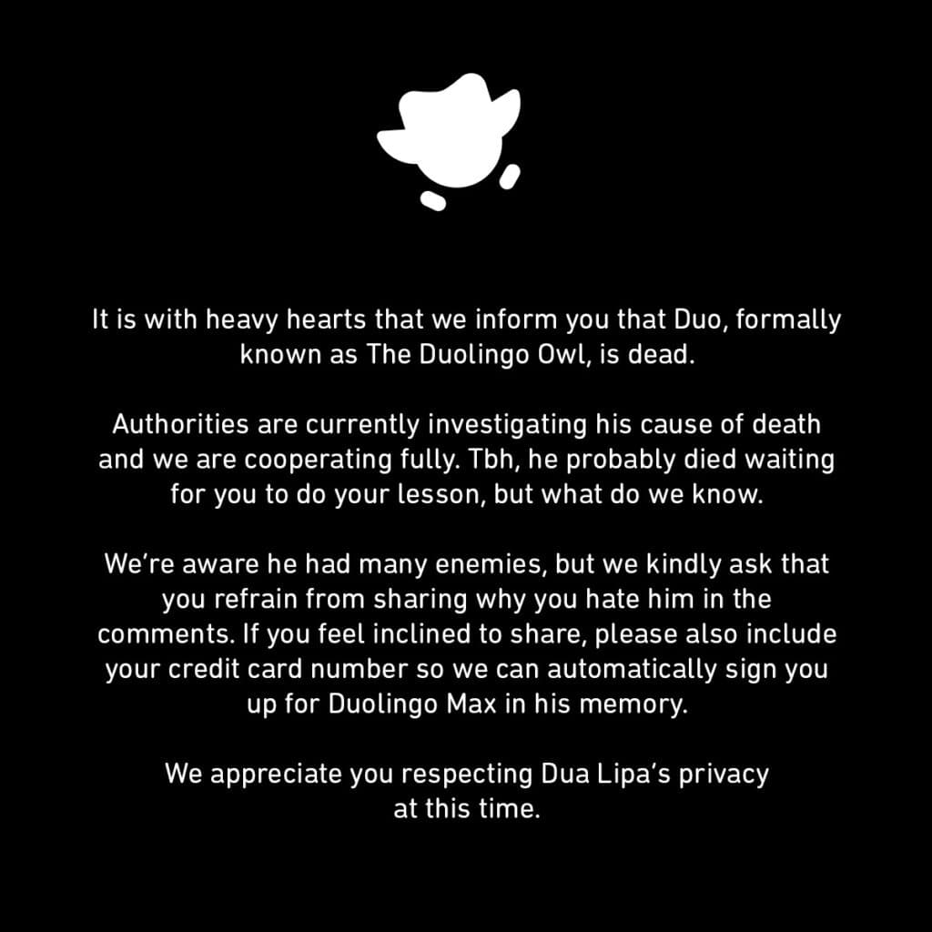 Duolingo's death announcement (Image via <a href="https://x.com/duolingo/status/1889328809054224698" target="_blank" rel="noreferrer noopener">X</a>)