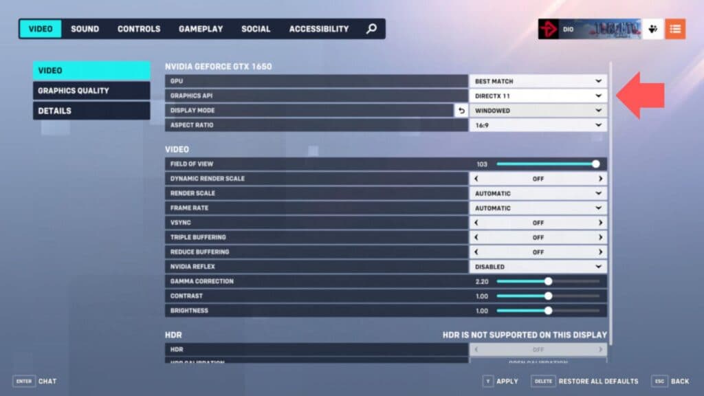 Click on this drop-down menu to see if your PC has the DirectX 12 option (Image via esports.gg)