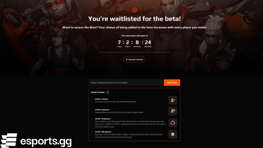 FACEIT Overwatch 2 PUGs beta waitlist (Screenshot via esports.gg)
