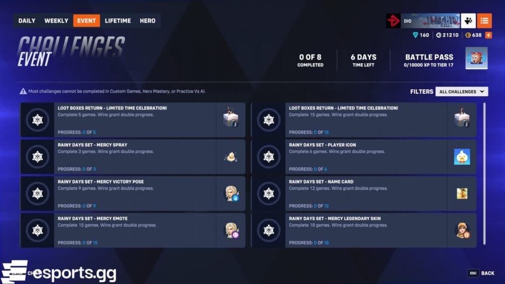 Overwatch 2 Perked Up event challenges and rewards (Screenshot via esports.gg)