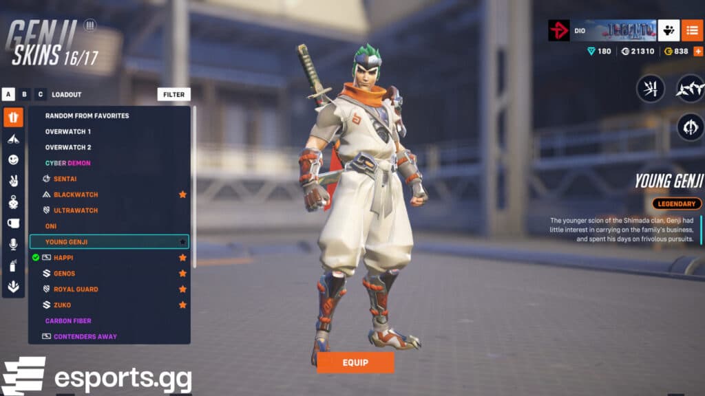 The legendary Young Genji skin can be obtained from an Overwatch 2 loot box (Screenshot via esports.gg)
