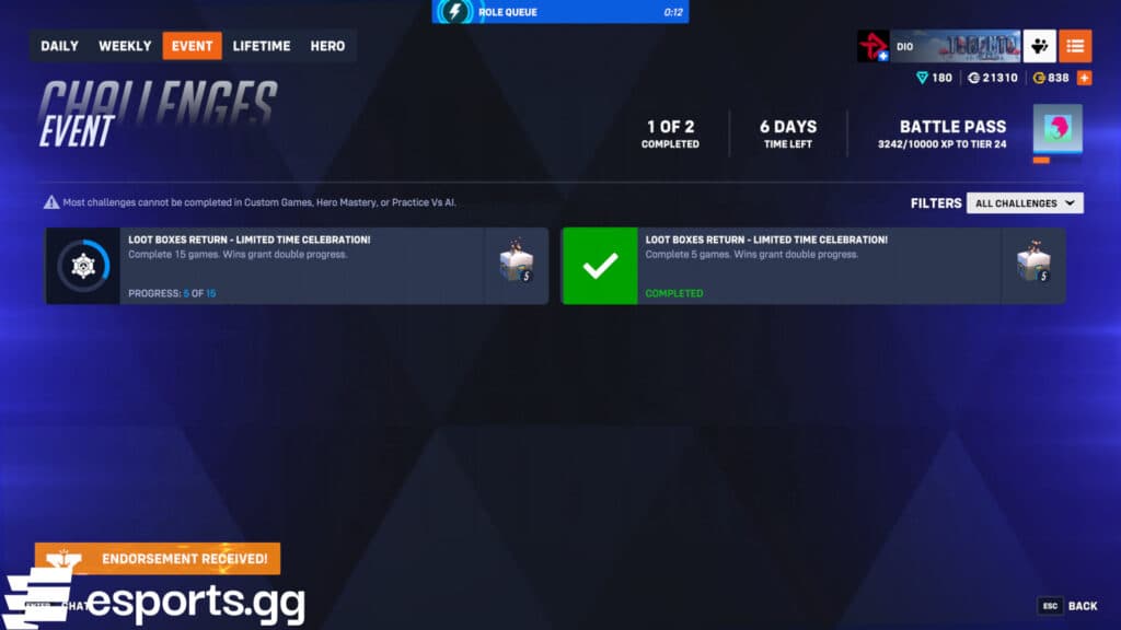 Overwatch 2 event challenges (Screenshot via esports.gg)