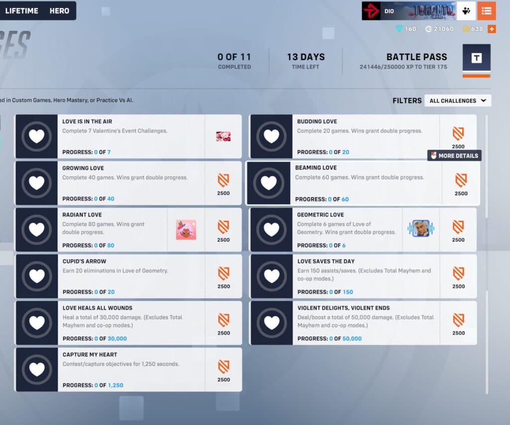 Overwatch 2 Valentine's Day event challenges and rewards 2025 (Image via esports.gg)