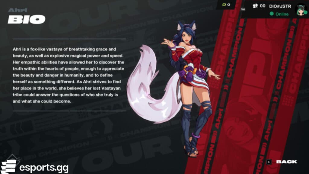 2XKO Ahri bio in the Alpha Lab (Screenshot via esports.gg)
