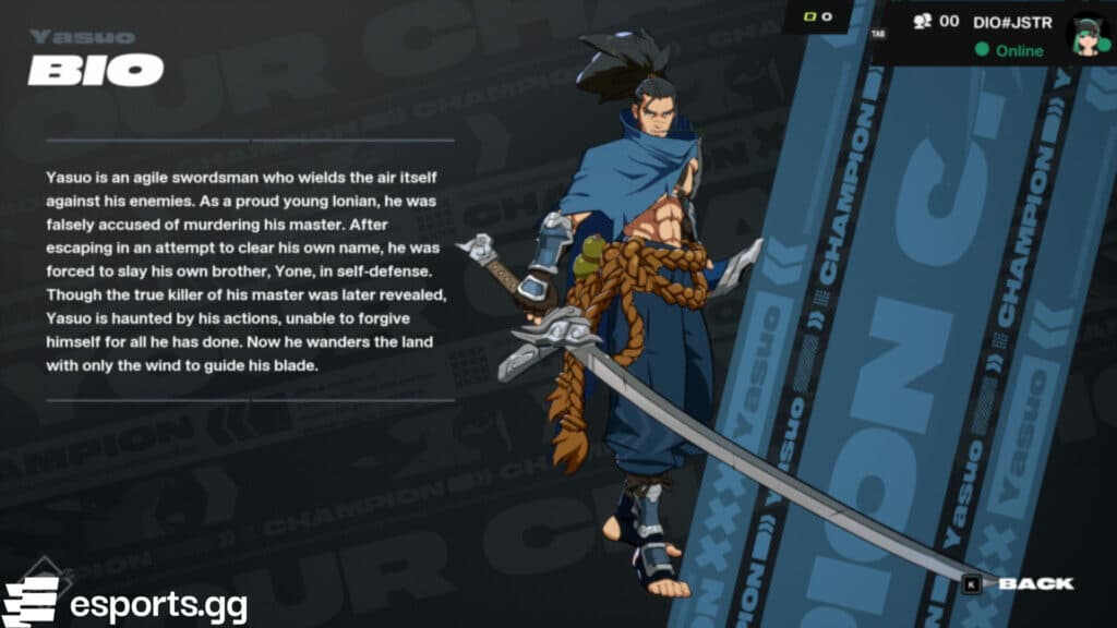 2XKO Yasuo bio in the Alpha Lab (Screenshot via esports.gg)