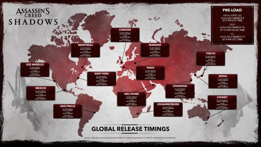 Assassin's Creed Shadows release dates and release times (Image via Ubisoft)