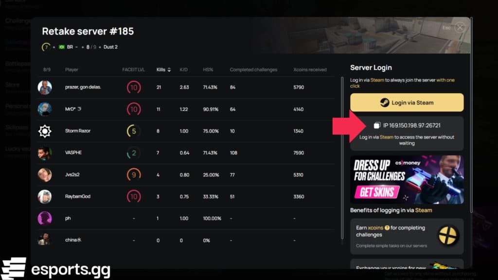 How to play Retake in CS2 (Screenshot via esports.gg)