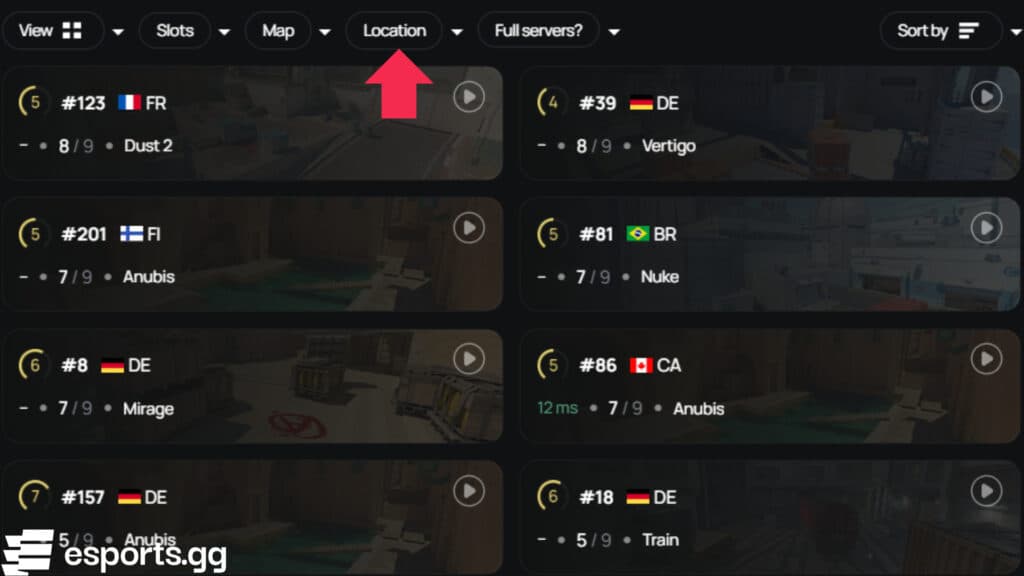 Find a server with low ping (Screenshot via esports.gg)