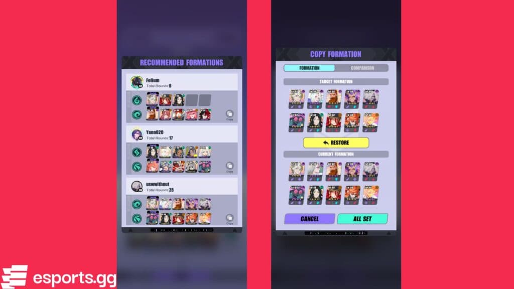 How to try out other Dislyte formations (Screenshots via esports.gg)