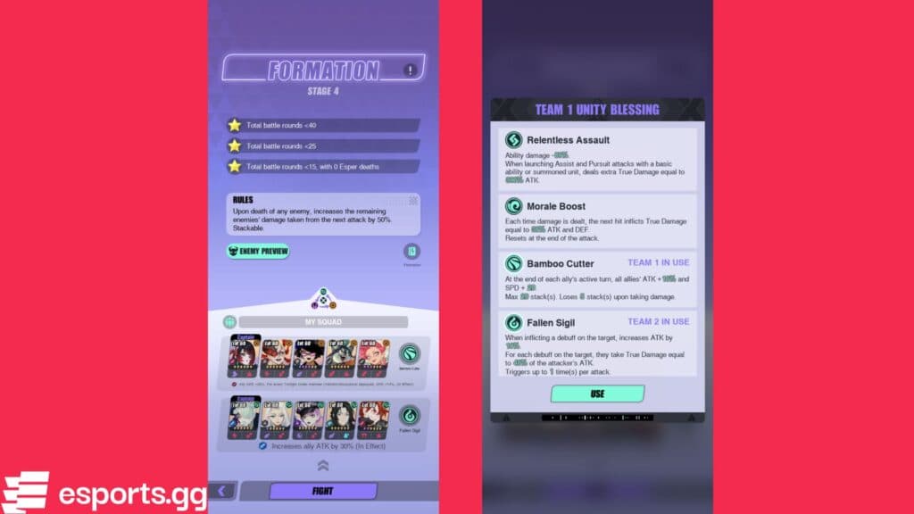 Abyssal Trials teams and blessings (Screenshots via esports.gg)